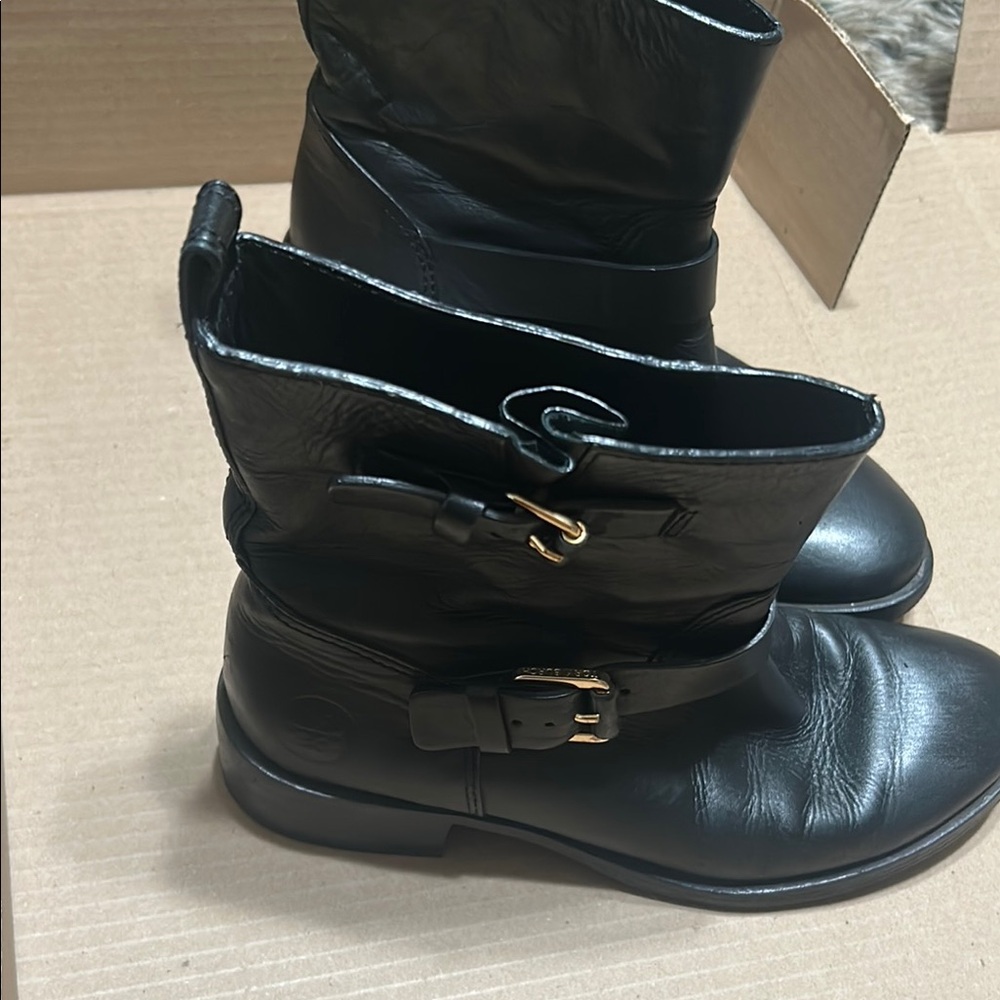 Tory Burch Black Heeled Boots with Triple Buckle Detail